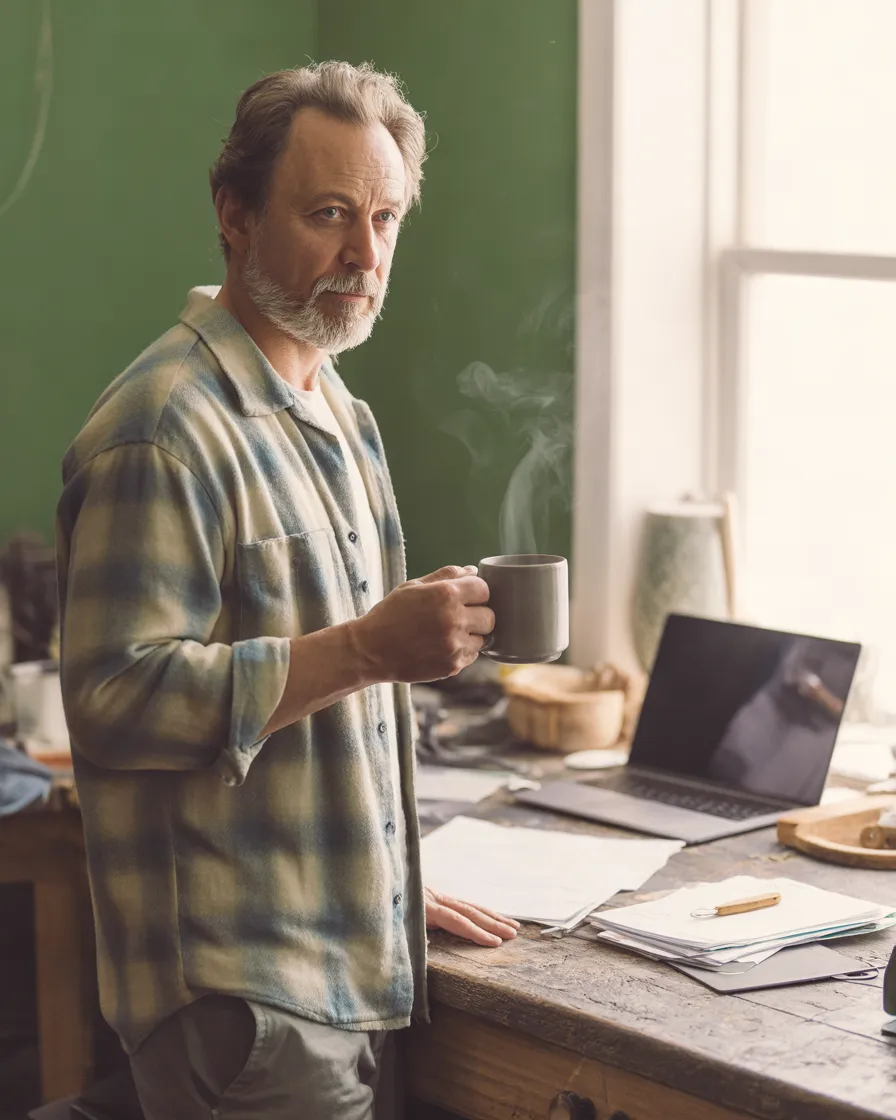 A small business owner with a coffee in his quiet workshop office in the morning, laptop and tidy paperwork on the bench