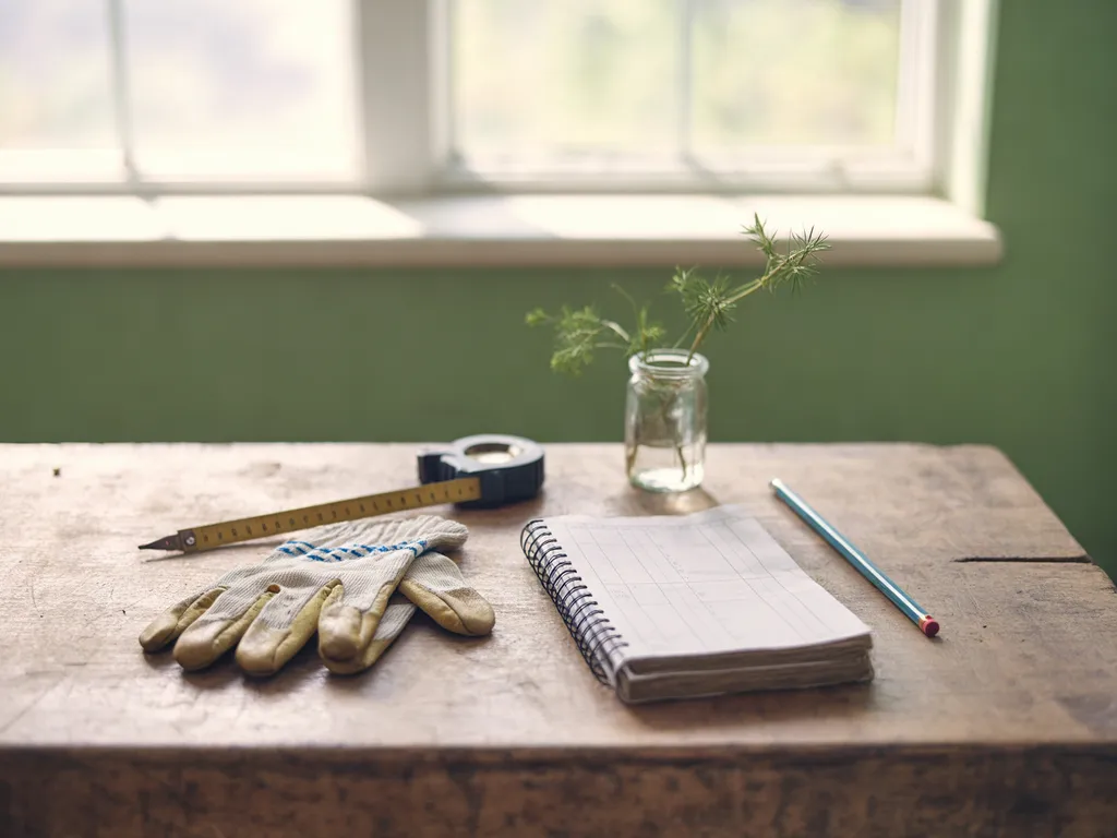 A worn wooden workbench by a window with work gloves, a tape measure, a pencil, a notebook and a green sprig in a glass jar